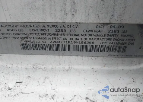 2009 Volkswagen Jetta Se from USA, damaged, VIN 3VWRZ71K19M156268